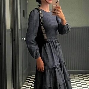 O&I Chambray Long Puff Sleeve Smocked Bodice Pocket Dress, Blue